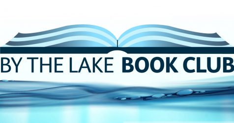 By The Lake Book Club Logo, includes open book about title and clear water underneath