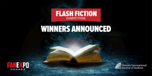 A book lying open with "Flash Fiction Competition Winners Announced" above with the FANEXPO and TIFA logos