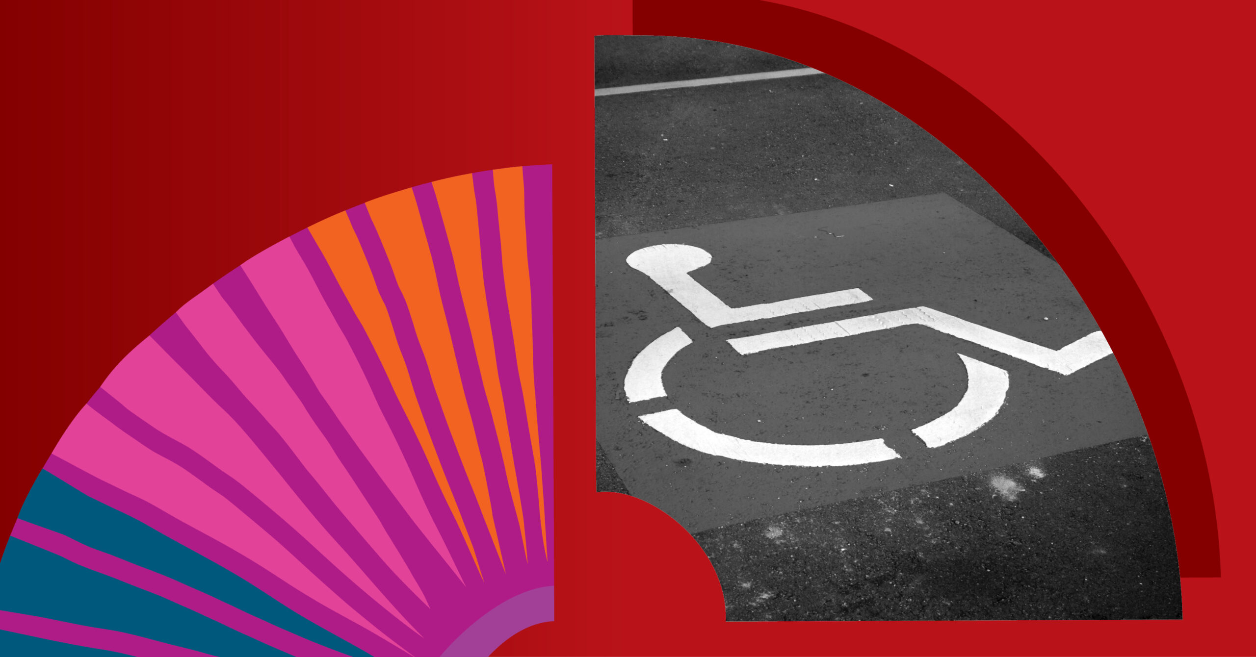 Disability Rights event banner. Red background with TIFA Logo and image of a painted disability sign from a parking lot.