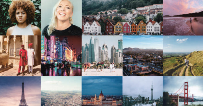 Literature Live Around the World banner. Features images of landscapes and famous structures from around the world with Britta B and Mona B Riise's headshots.
