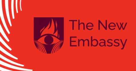 The New Embassy event banner. The New Embassy text on a red background with white swirls to the left. The logo has an eye with flames above it.