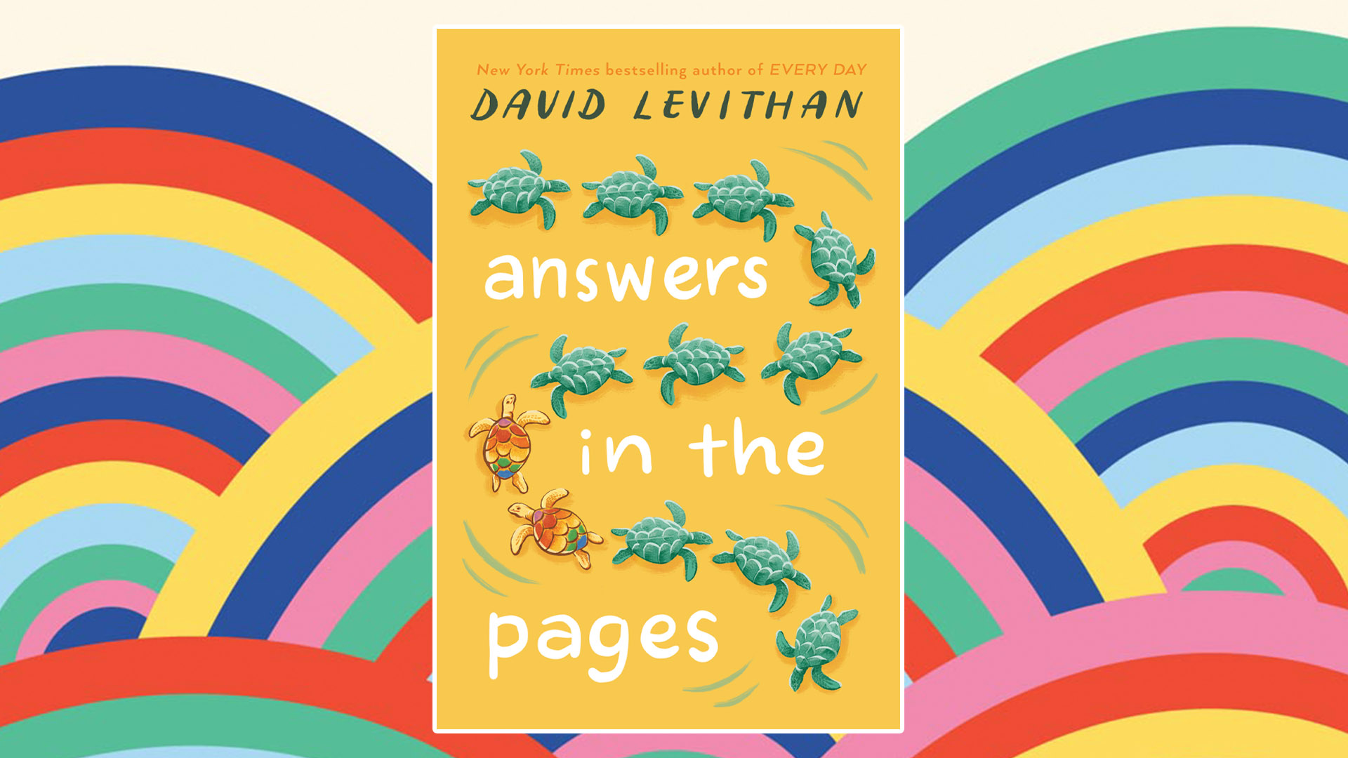 The Book cover of Answers in the Pages on a background with lots of rainbows