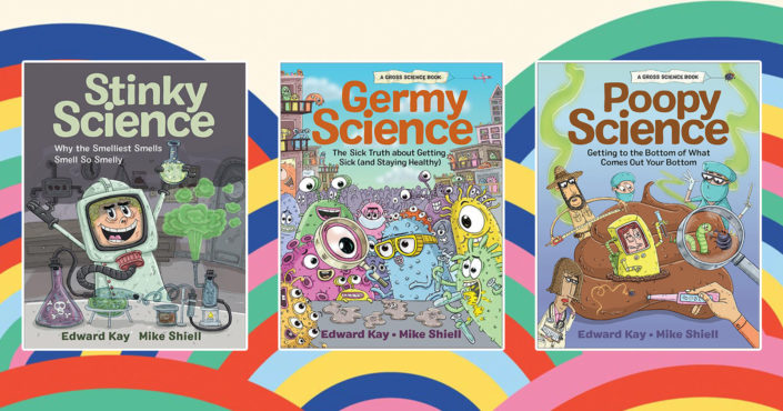 The Gross Science book covers on a rainbow background