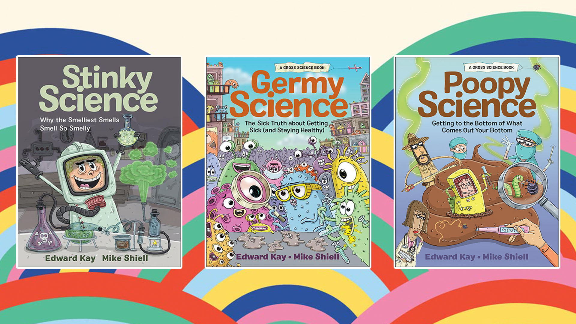 The Gross Science book covers on a rainbow background