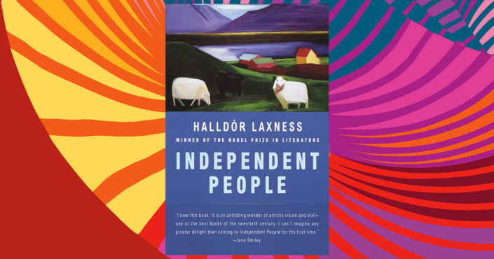 Halldór Laxness's Independent people book cover on a multi-coloured background