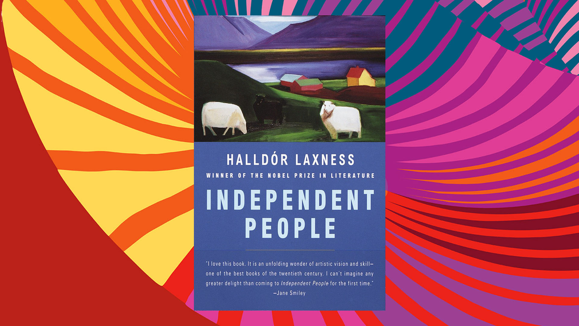 Halldór Laxness's Independent people book cover on a multi-coloured background