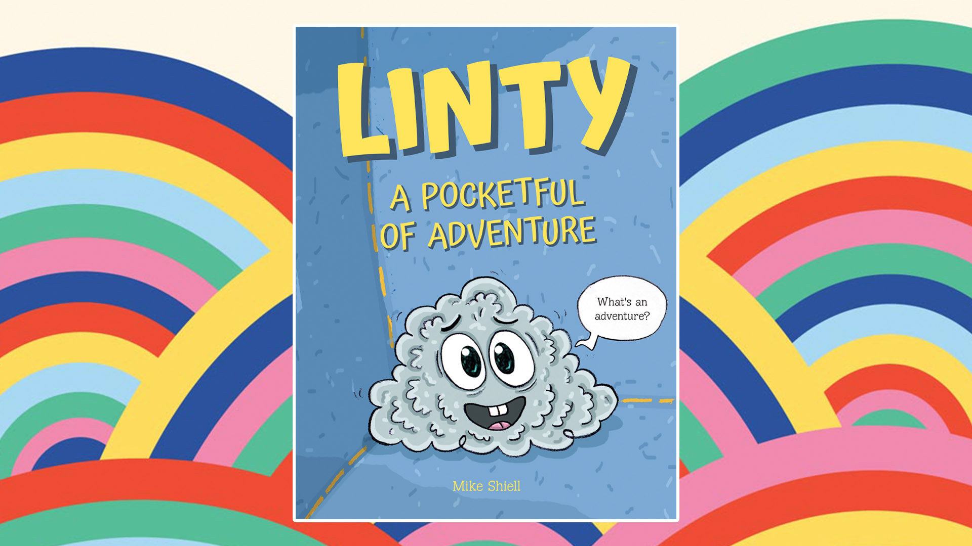 The book cover of Linty on a background with lots of rainbows