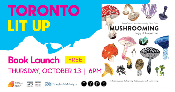 Toronto lit up event banner with Mushrooming book cover