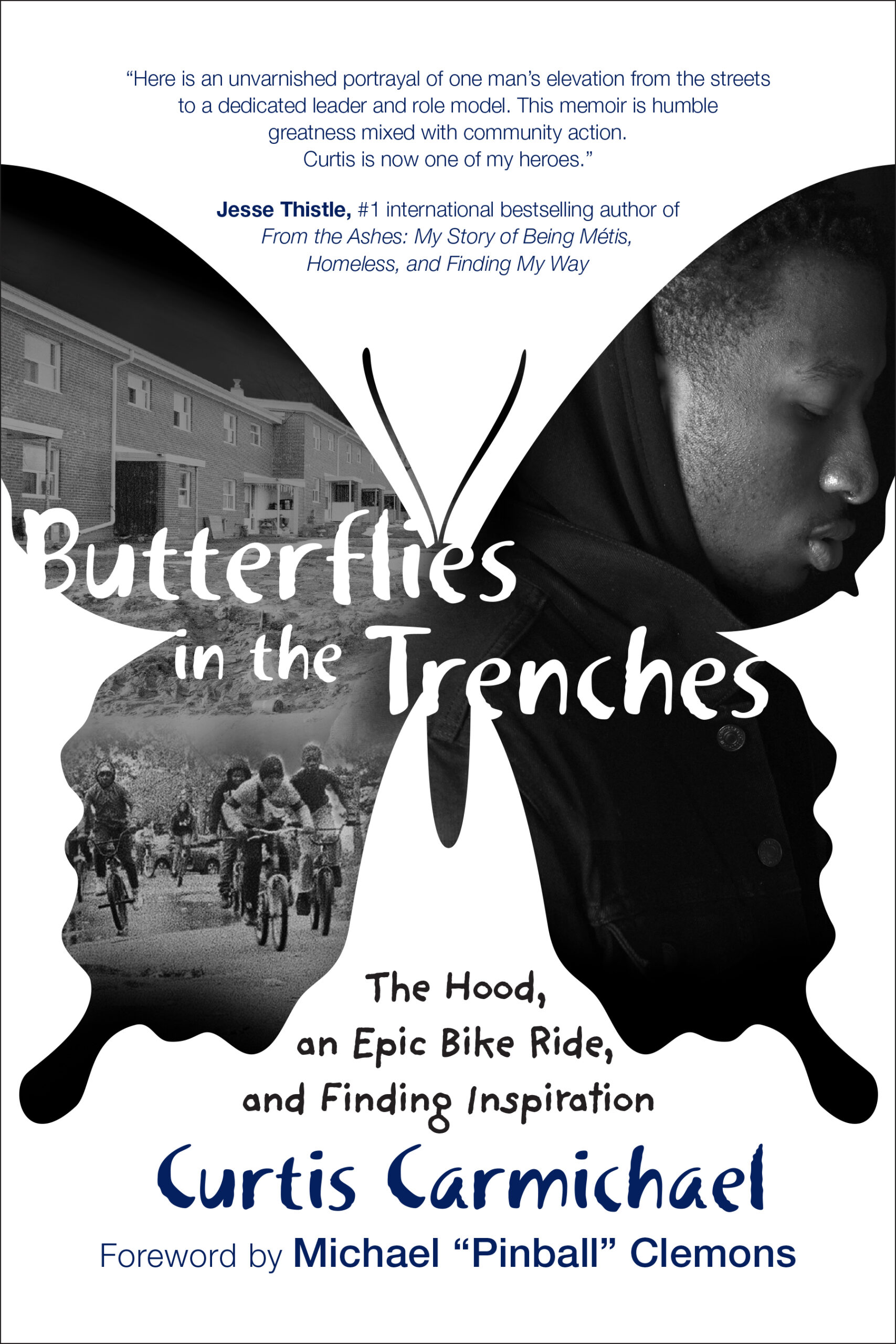 Cover for Butterflies in the Trenches by Curtis Carmichael. Image of a butterfly filled with black and white photos with the subtitle 