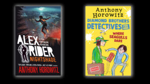 The book covers of Anthony Horowitz's Alex Rider: Nightshade and Where the Seagulls Dare on a black background