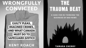 The book covers of Wrongfully Convicted and The Trauma Beat side by side