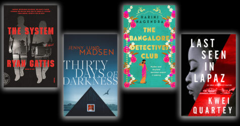 The book covers of the authors' latest titles on a black background