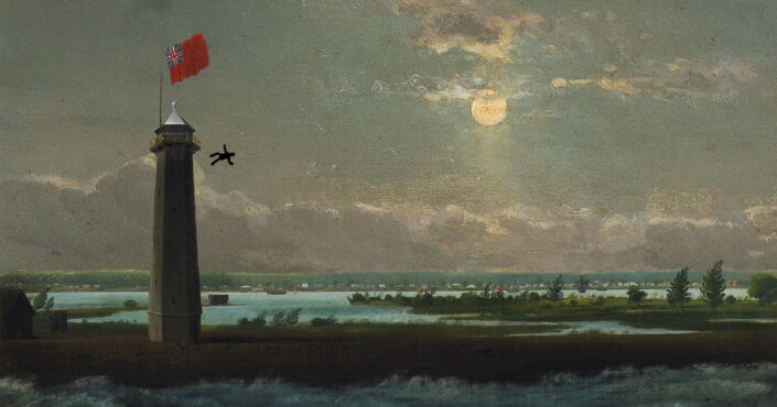 A water painting of a lighthouse with a person jumping/being thrown off the top.