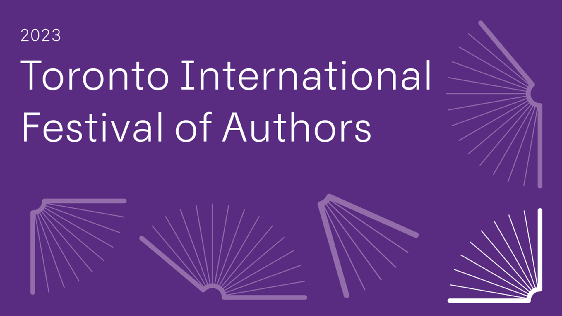 Toronto International Festival of Authors 2023 in white text over a purple background. Various book logos in white are spread throughout.