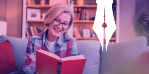 Photo of woman reading a book with overlay of pen with CN Tower in the middle.